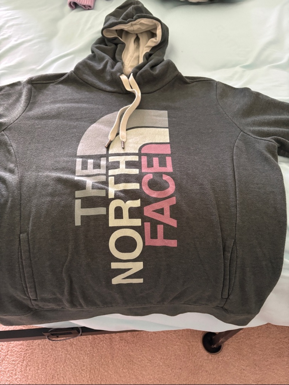The North Face Gray Pullover Hoodie with Pink & Cream Logo